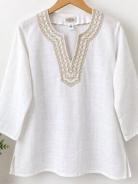 Talbots Women’s Size 14 White 100% Linen Tunic Blouse Embroidered 3/4 Sleeve